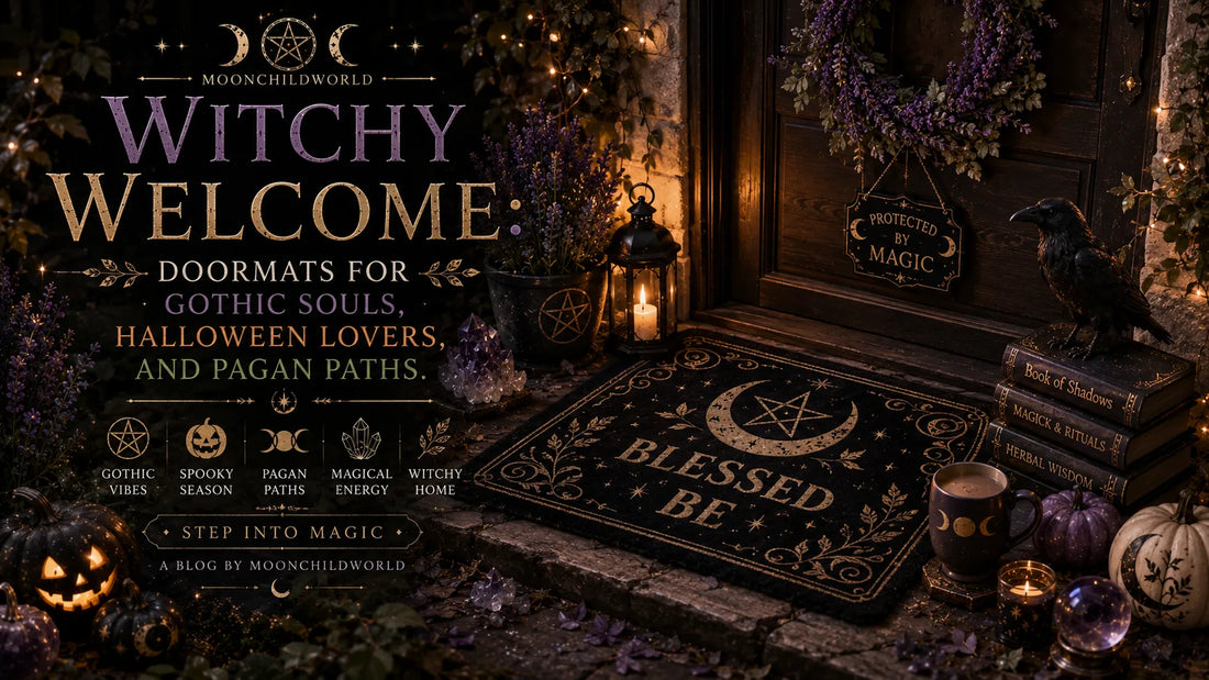 Witchy welcome doormat with mystical decor, perfect for gothic souls and Halloween lovers seeking magical home inspiration