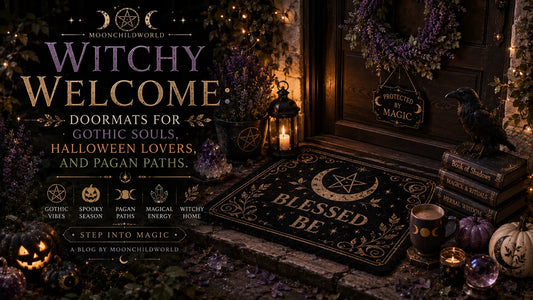 Witchy welcome doormat with mystical decor, perfect for gothic souls and Halloween lovers seeking magical home inspiration