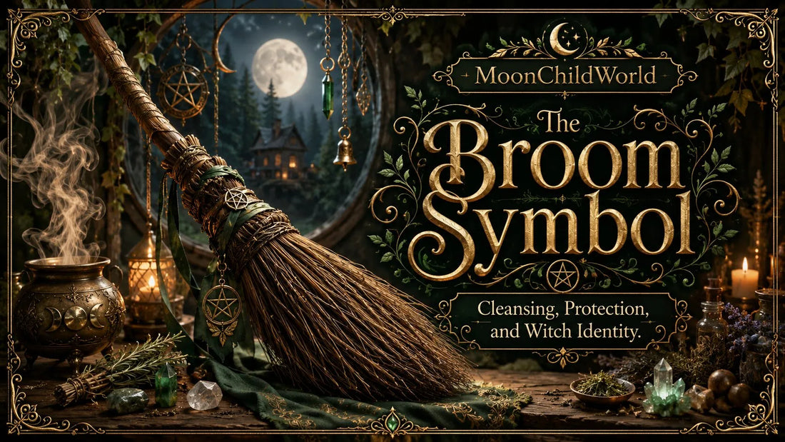 Witch broom symbol with herbs, crystals, and moonlit cottage, representing cleansing and protection rituals
