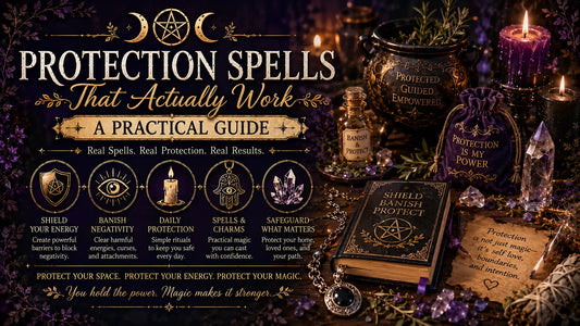 Protection spells practical guide with magical items, crystals, and candles for real protection rituals
