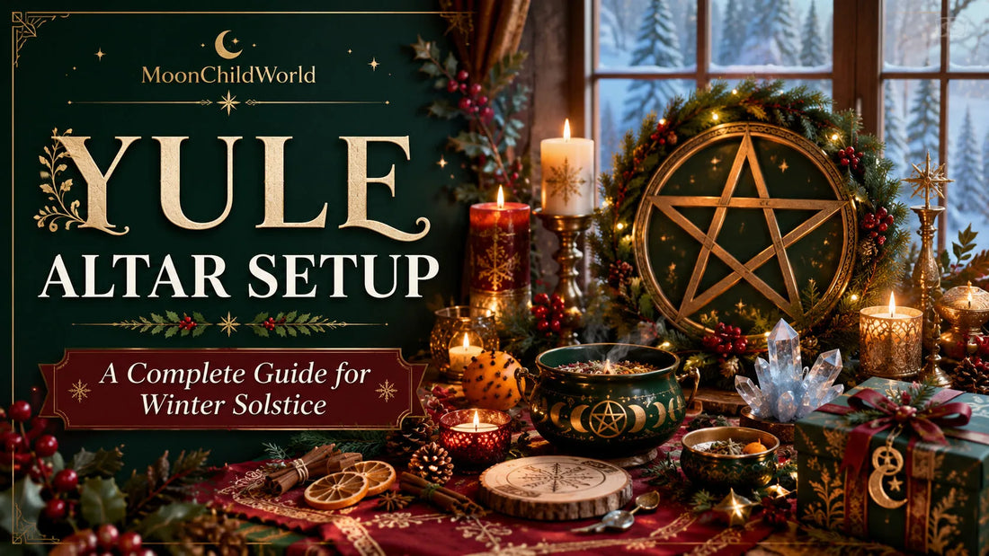 Cozy Yule altar setup with candles, crystals, and festive decorations for winter solstice inspiration