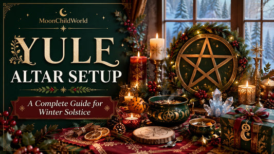 Cozy Yule altar setup with candles, crystals, and festive decorations for winter solstice inspiration