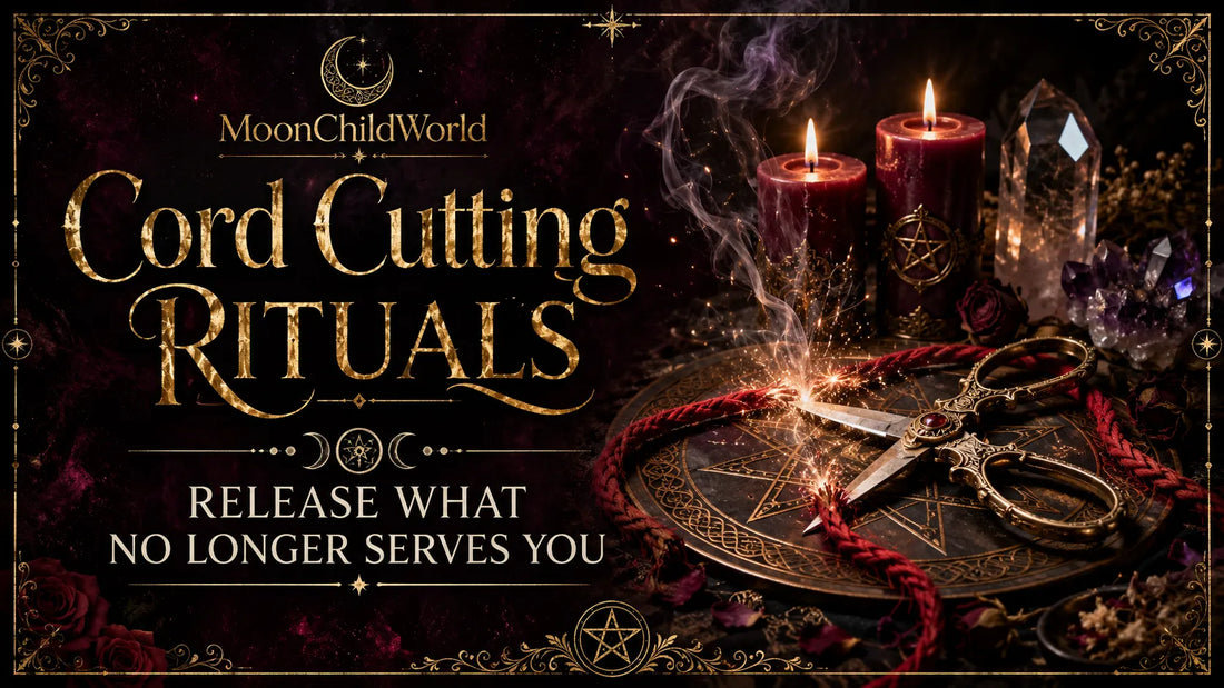 Cord cutting rituals with candles, crystals, and ornate scissors for spiritual release and transformation