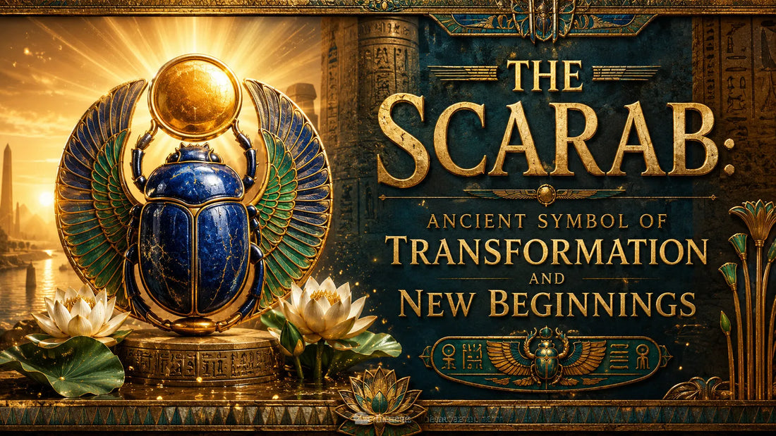 Golden scarab with wings and lotus flowers representing the scarab as a symbol of transformation and new beginnings