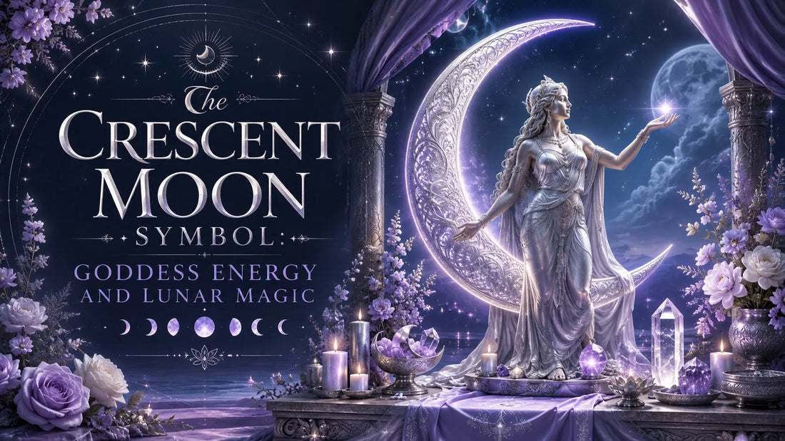 Mystical goddess with crescent moon symbol surrounded by lunar magic, crystals, and purple flowers