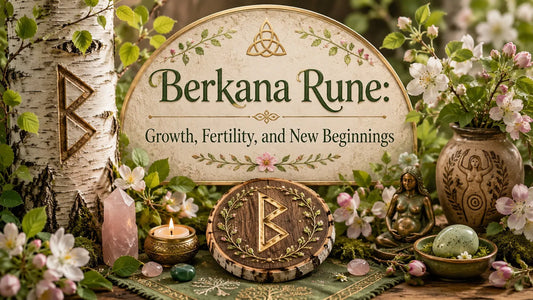 Berkana rune symbolizing growth, fertility, and new beginnings with spring flowers and natural elements