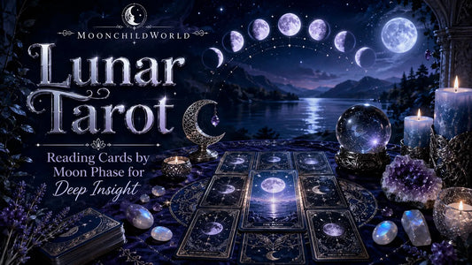 Lunar tarot cards and crystals displayed under moon phases for deep insight and spiritual guidance