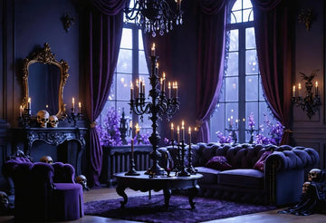 Enchanting gothic halloween decor with purple velvet, flickering candles, skull accents, and moody vintage charm