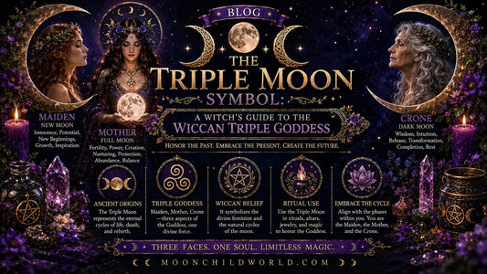 Triple moon symbol illustrated with the maiden, mother, and crone for a guide to the Wiccan triple goddess