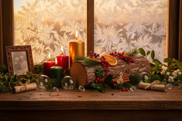 Yule log with candles and greenery honoring pagan winter solstice traditions for spiritual celebration and inspiration