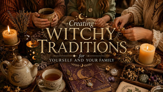 Cozy scene of women creating witchy traditions with candles, herbal tea, and mystical decor for family bonding