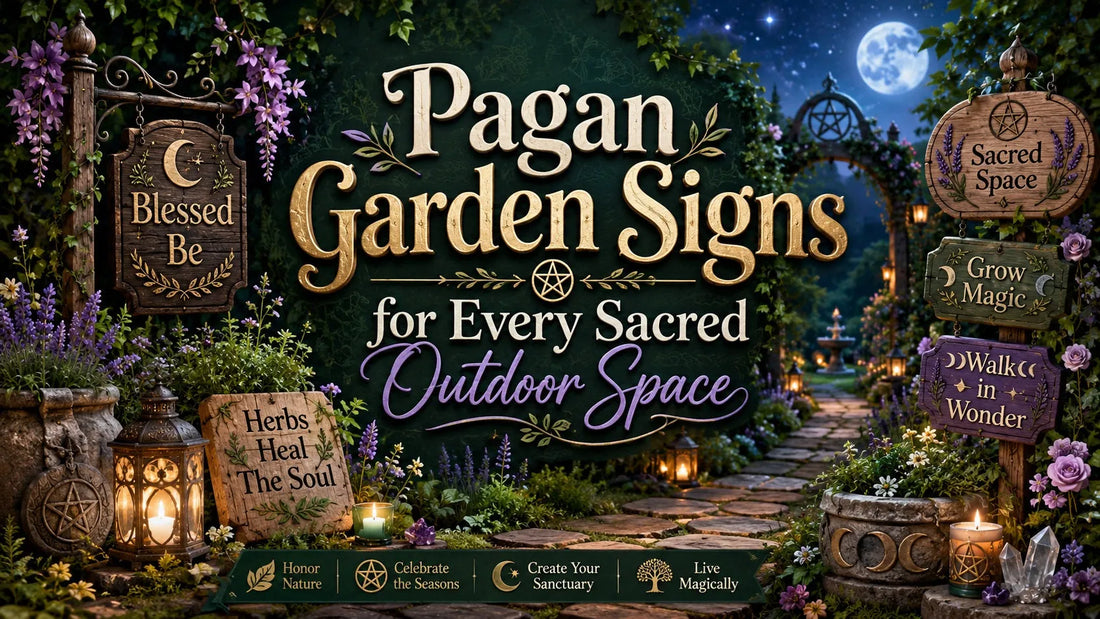 Enchanting pagan garden signs with mystical symbols and candles create a magical outdoor sanctuary for spiritual inspiration