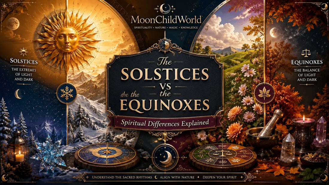 Solstices vs equinoxes illustrated with sun, moon, and seasonal landscapes to explain spiritual differences