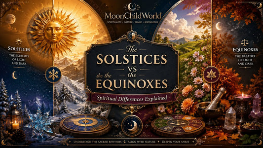 Solstices vs equinoxes illustrated with sun, moon, and seasonal landscapes to explain spiritual differences