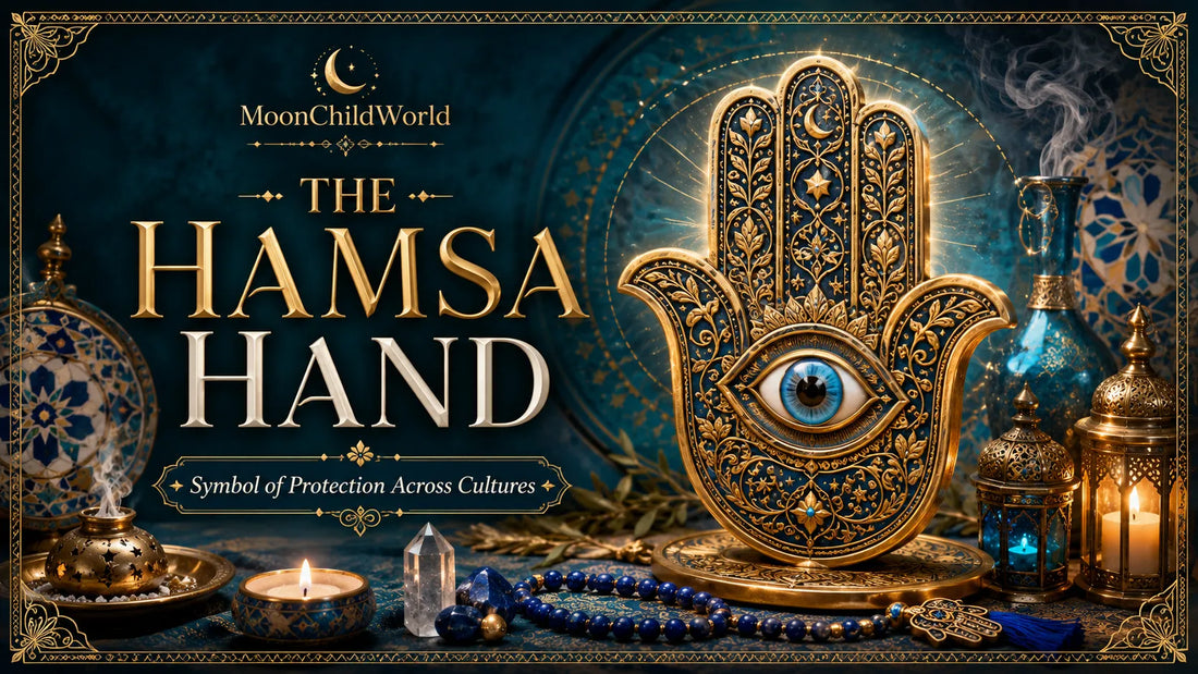 Ornate hamsa hand symbol with blue eye and gold details, representing cultural protection and spiritual meaning