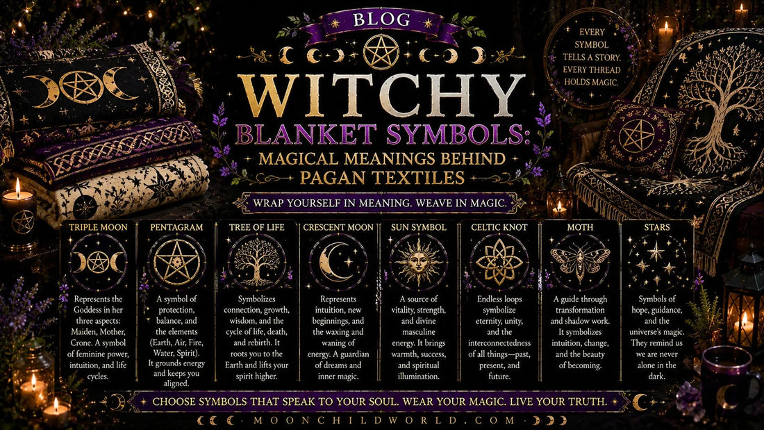Witchy blanket with Wicca and pagan symbols adds a gothic touch to cozy moonlit rituals