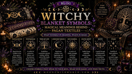 Witchy blanket with Wicca and pagan symbols adds a gothic touch to cozy moonlit rituals