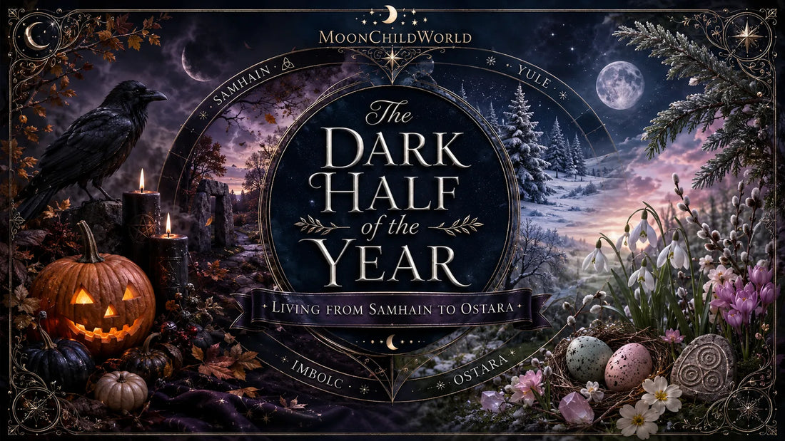 Seasonal transition from Samhain to Ostara with autumn pumpkins, winter snow, and spring flowers for the dark half of the year