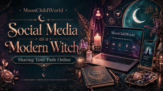 Modern witch using social media with crystals, candles, and a moon journal for sharing your path online