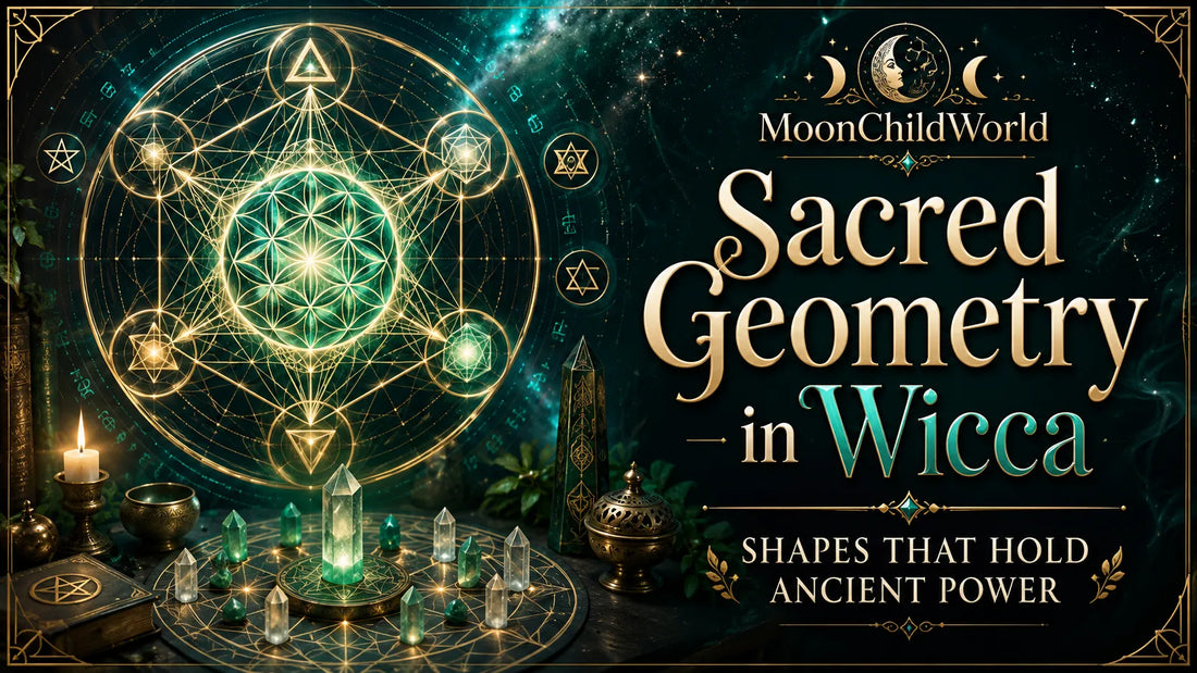 Sacred geometry in Wicca with glowing symbols, crystals, and candles for mystical spiritual practices