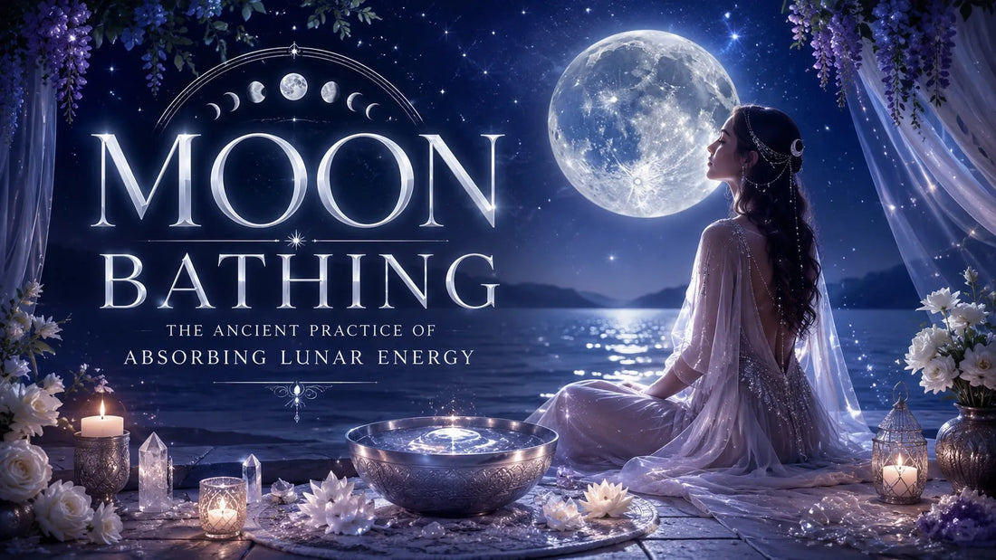 Woman practicing moon bathing by a lake under a full moon, surrounded by candles and flowers