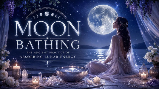 Woman practicing moon bathing by a lake under a full moon, surrounded by candles and flowers