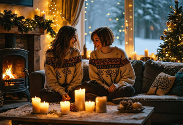 Cozy friends in Wicca and Pagan Yule sweatshirts, sharing witchy Christmas sweater magic by the fire