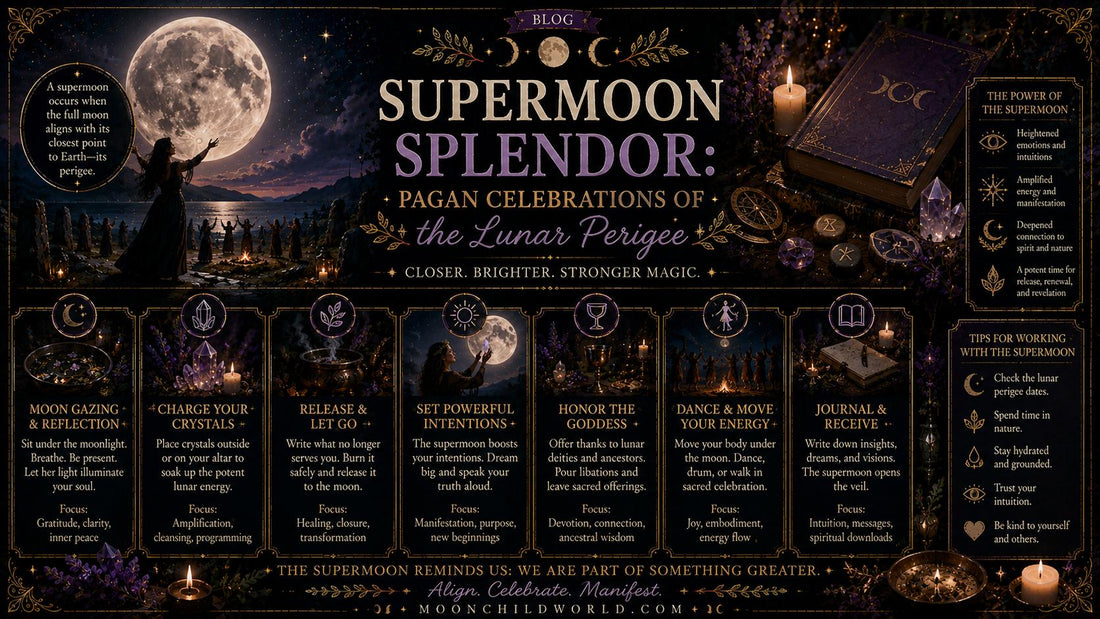 Pagan supermoon celebrations with rituals, crystals, and moonlit gatherings for powerful lunar magic and intention setting