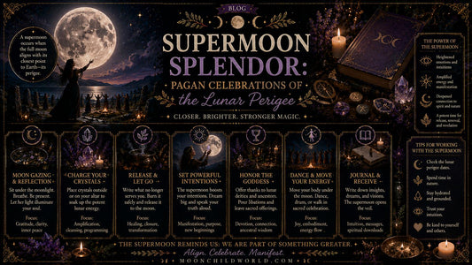 Pagan supermoon celebrations with rituals, crystals, and moonlit gatherings for powerful lunar magic and intention setting