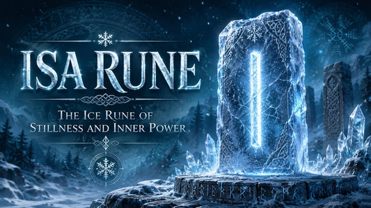 Ancient Isa rune glowing on an icy monolith in a mystical winter landscape, symbolizing stillness and inner power
