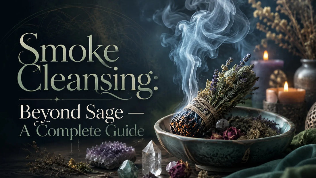 Smoke cleansing with herbal bundles, crystals, and candles for a holistic energy clearing ritual