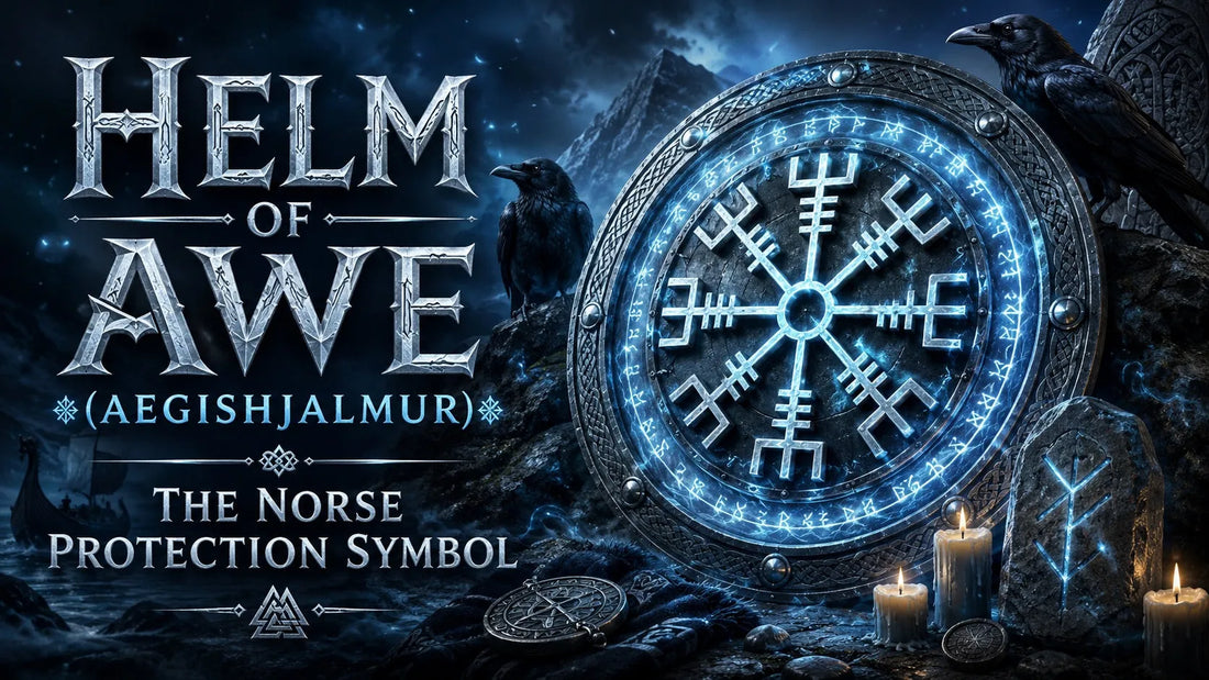Ancient Norse protection symbol Helm of Awe glowing with runes, ravens, candles, and mystical Nordic landscape