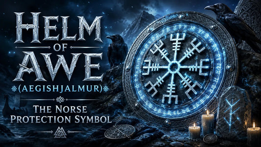 Ancient Norse protection symbol Helm of Awe glowing with runes, ravens, candles, and mystical Nordic landscape