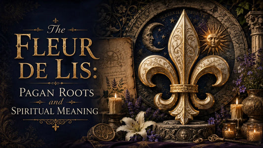Ornate fleur de lis symbol with candles and flowers, highlighting pagan roots and spiritual meaning