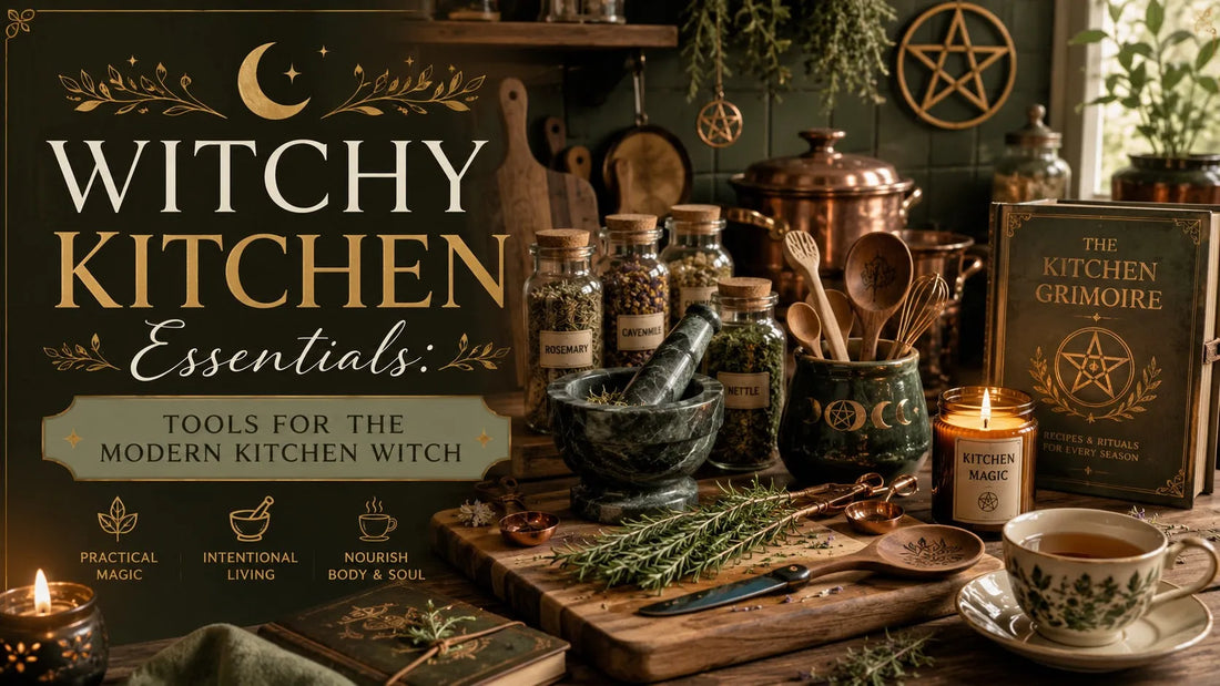 Witchy kitchen essentials with herbs, magical tools, and cozy decor for a modern kitchen witch setup