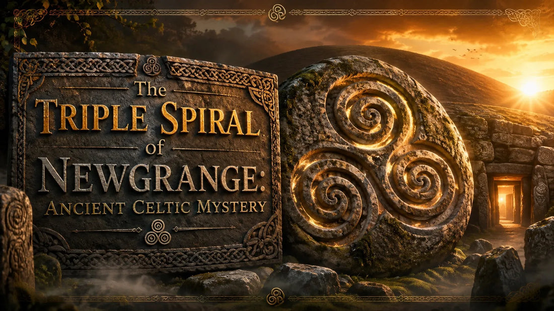 Ancient Celtic mystery at Newgrange with the triple spiral symbol illuminated by sunrise