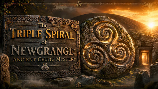 Ancient Celtic mystery at Newgrange with the triple spiral symbol illuminated by sunrise