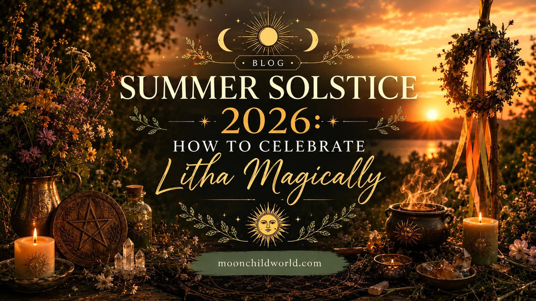 Sunflowers, crystals, and candles arranged for a magical summer solstice 2026 ritual celebration outdoors