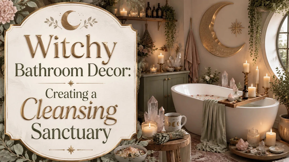 Witchy bathroom decor featuring crystals, candles, and plants for a calming cleansing sanctuary atmosphere