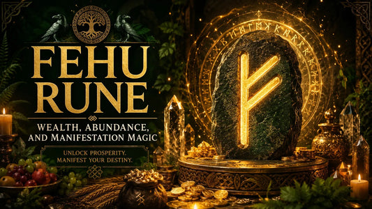 Fehu rune symbol glowing on a stone altar surrounded by gold coins and crystals for wealth manifestation