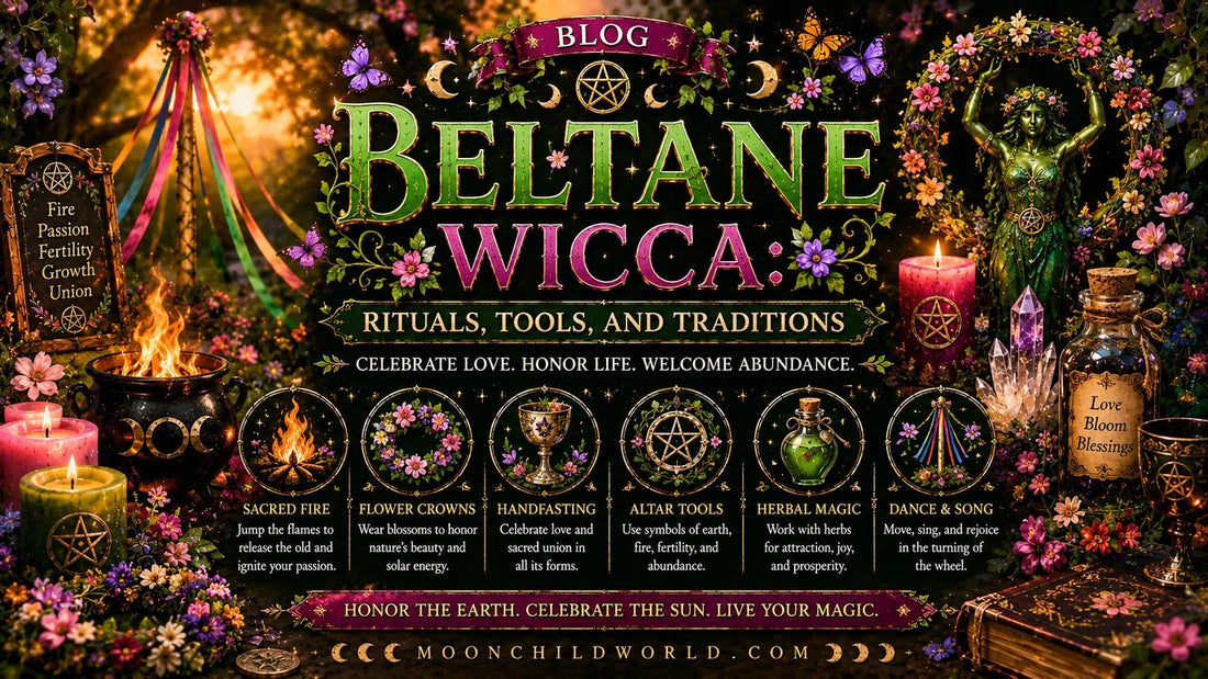 Beltane Wicca altar with sacred fire, crystals, candles, and flowers celebrating rituals and traditions