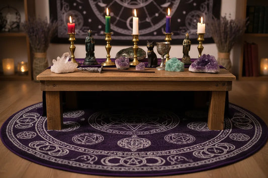 Wiccan altar decor with crystals and candles on a witch carpet, perfect pagan carpet or Halloween area rug