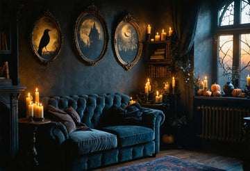 Gothic art Halloween wall decor with witchy oval frames and candles, inviting cozy spooky home vibes