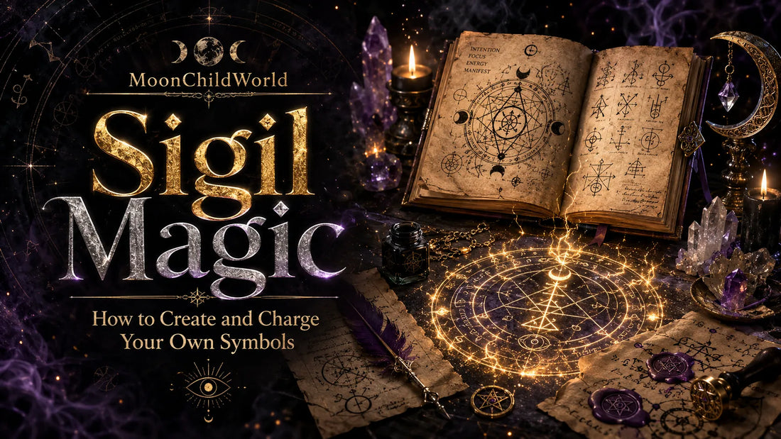 Ancient book and mystical symbols illustrate sigil magic with glowing ritual circle and crystals for spiritual practice