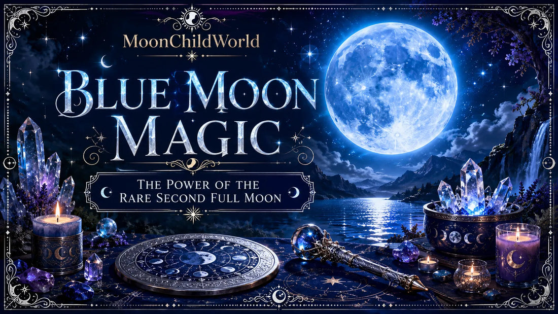 Mystical blue moon magic scene with crystals, candles, and tarot under a glowing full moon by a lake