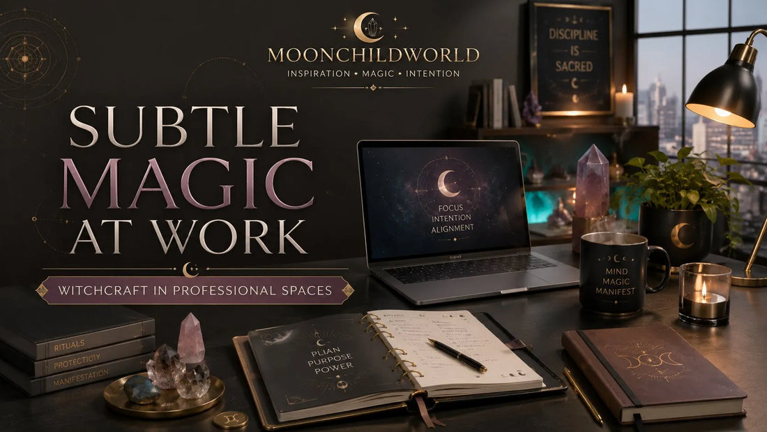 Modern workspace with witchcraft elements inspiring subtle magic at work for professional creativity