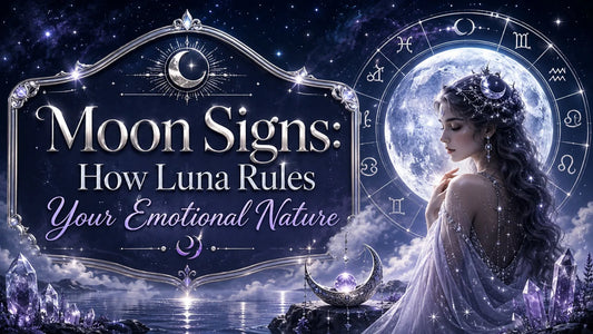 Mystical moon signs and astrology symbols with a celestial woman illustrating emotional nature insights