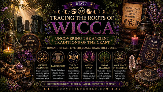 Ancient Wicca traditions illustrated with goddess statue, candles, crystals, and magical books in a mystical forest setting
