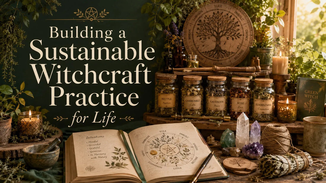 Herbs, crystals, and candles arranged for building a sustainable witchcraft practice with natural elements