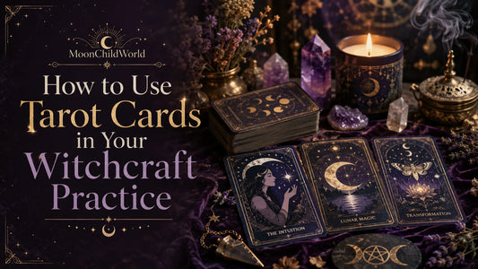 Tarot cards and witchcraft tools arranged with crystals and candles for witchcraft practice inspiration